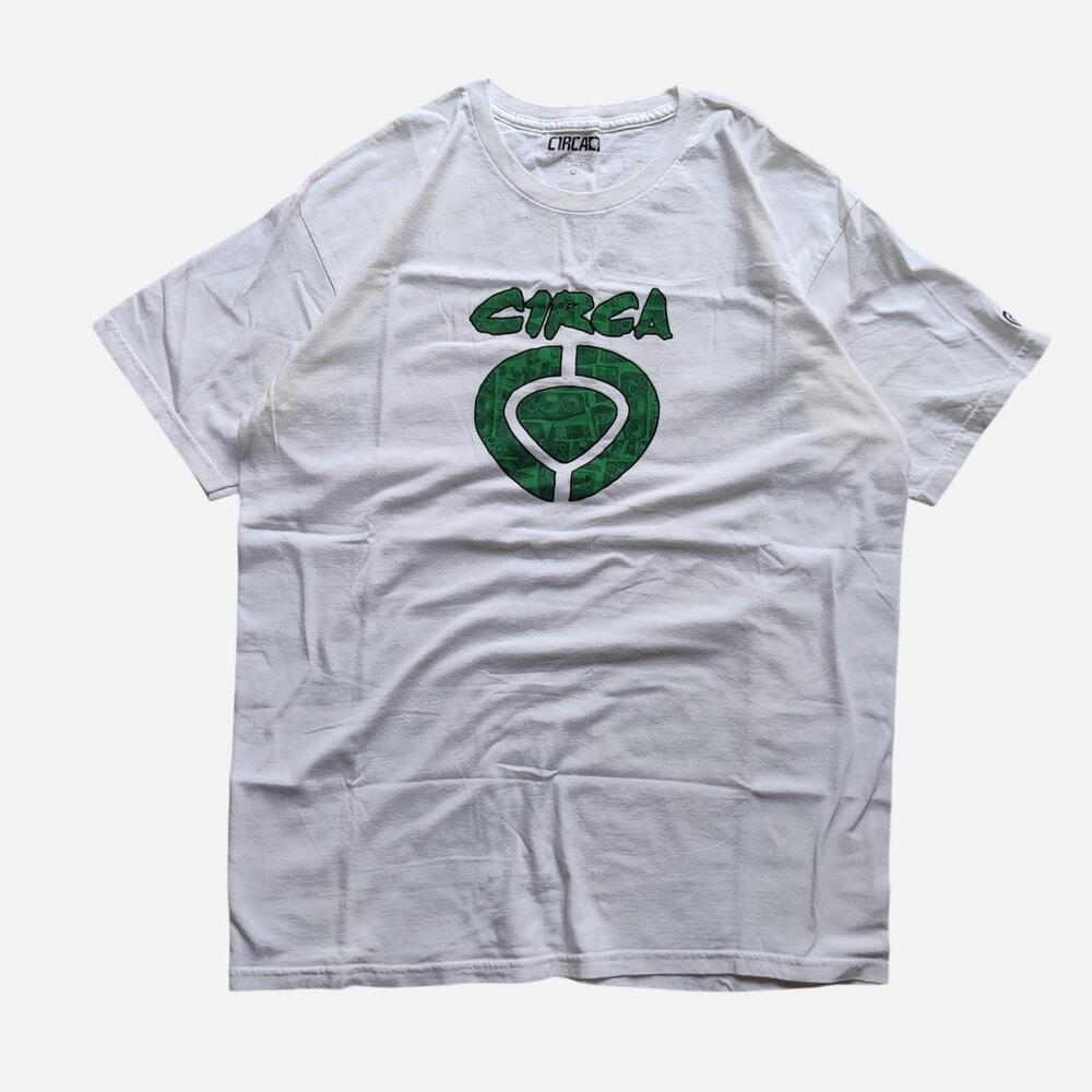 Circadia white t-shirt with green 'CIRCA' logo with a heart-shaped design